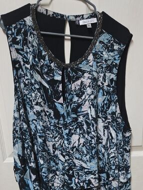 Jennifer Lopez Beaded Neck Print Sleeveless Camisole - Black & Light Blue